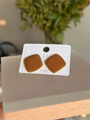 Bade Jewelry Vip Gold&taba Rengi Kare Kesim Modern Kararmaz Çelik Küpe (Küpenin Pimi 925 Ayar Gümüştür)