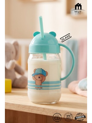 Muf Home Bebek ve Çocuklara Özel Pipetli Kulplu Bardak Matara Suluk 370ML Cam Sütlük - Sevimli Ayıcıklı Tasarım - Sağlıklı & Güvenli