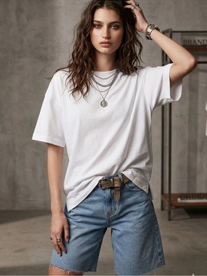 Kozz Style   Kadın Beyaz %100 Organik Pamuklu Dokulu Comfort Fit Oval Yakalı Tişört