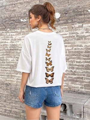 Kozz Style  Kadın Beyaz Dikey Kelebekler Baskılı Oversize Tişört