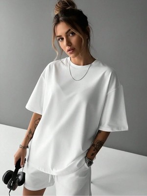 Kozz Style   Basic %100 Organik Pamuk Relaxed Fit Yuvarlak Yaka Tişört Beyaz