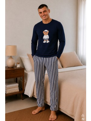 Koza İç Giyim Erkek Pamuklu Uzun Kollu Ayıcık Baskılı Alt Çizgili Pijama Takımı