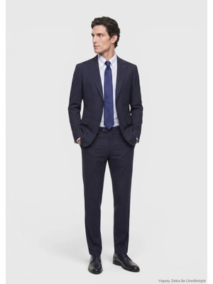 Ramsey Lacivert Çizgili Zeroweight Slim Fit %100 Yün Takım Elbise