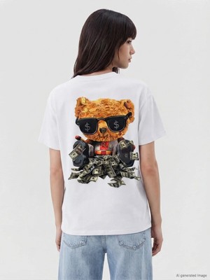 Kozz Style Kadın Beyaz Rich Bear Baskı %100 Pamuklu Tişört