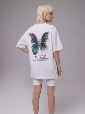 Kozz Style   Beyaz Butterfly Baskı %100 Organik Pamuk Relaxed Fit Yuvarlak Yaka Tişört