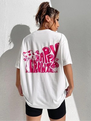 Kozz Style Kadın Beyaz Happycrowt Baskı %100 Organik Pamuk Relaxed Fit Yuvarlak Yaka Tişört