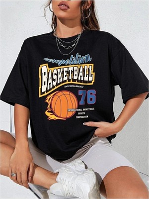 Kozz Style  Kadın Siyah Basketball Tournament Baskılı Oversize Tişört