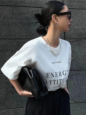 Kozz Style   Kadın Beyaz Energy Attitude Baskılı Oversize Tişört