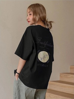 Kozz Style   Kadın Siyah Fructification Baskılı Oversize Tişört