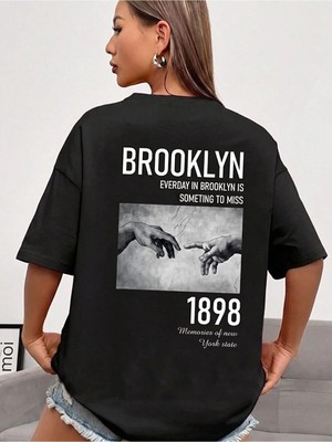 Kozz Style Kadın Siyah Brooklyn Eller 1898 Baskılı Pamuklu Oversize T-Shirt