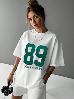 Kozz Style  Kadın 89 Baskı %100 Organik Pamuk Relaxed Fit Yuvarlak Yaka Tişört Beyaz