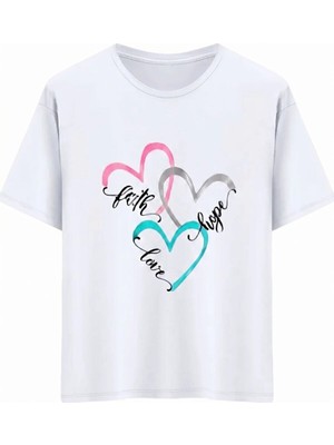 Kozz Style   Beyaz Faith Love Hope Baskı Regular Fit Organik Pamuk Tişört