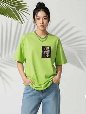 Kozz Style   Kadın Lime Catwalk Baskılı Tişört