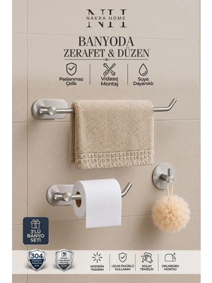 Nakra Home 3'lü Set ( Paslanmaz Çelik Yapışkanlı Havlu Askısı , Tuvalet Kağıtlığı ve Tekli Askılık ) Yapışkanlı Havluluk