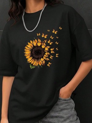 Kozz Style Siyah Ayçiçeği Baskı %100 Organik Pamuk Relaxed Fit Yuvarlak Yaka Tişört