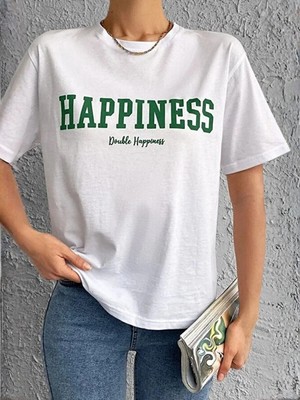 Kozz Style Kadın Happiness Double Baskı %100 Organik Pamuk Relaxed Fit Yuvarlak Yaka Tişört Beyaz
