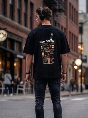 Kozz Style Erkek Siyah Iced Coffee Baskı Organik Pamuk Comfort Tişört