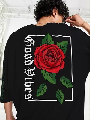 Kozz Style Erkek Siyah Rose Good Vibes Baskı %100 Organik Pamuk Örme Oversize Tişört