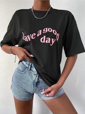 Kozz Style Kadın Siyah Have A Good Day Baskılı Oversize Tişört