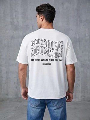 Kozz Style Erkek Beyaz Ters Düz Nothing Baskı Organik Pamuk Comfort Tişört