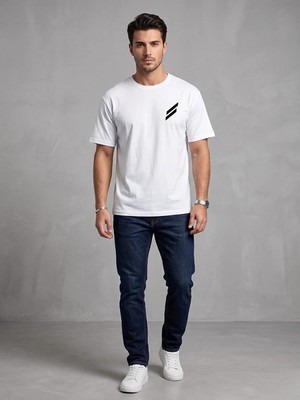 Kozz Style Erkek Beyaz 2 Çizgi Baskı %100 Organik Pamuk Comfort Fit Tişört