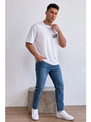 Kozz Style Erkek Beyaz Luciano Baskı %100 Organik Pamuk Comfort Fit Tişört