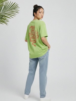 Kozz Style Kadın Lime Chinebox Baskılı Oversize Tişört