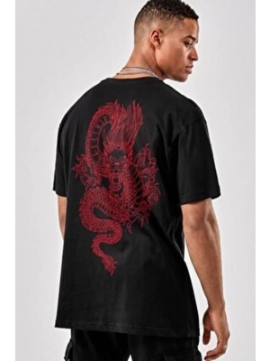 Kozz Style Siyah Dragon Baskı %100 Organik Pamuk Örme Oversize Tişört