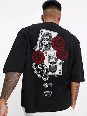 Kozz Style Card Baskı Siyah Oversize Erkek Kısa Kollu Tişört