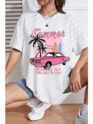 Kozz Style Beyaz Summerracing Baskı %100 Organik Pamuk Relaxed Fit Yuvarlak Yaka Tişört