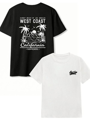 Kozz Style 2li Siyah Westcoast+Beyaz Stw Baskılı Comfort Tişört