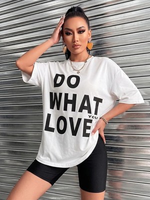 Kozz Style Kadın What Love Baskı %100 Organik Pamuk Relaxed Fit Yuvarlak Yaka Tişört Beyaz