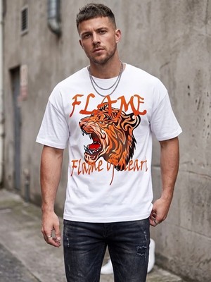 Kozz Style Erkek Beyaz Flame Baskı Organik Pamuk Comfort Tişört