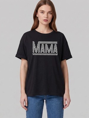 Kozz Style Kadın Dama Mama Baskı Organik Pamuk Relaxed Fit Yuvarlak Yaka Tişört Siyah