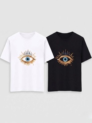Kozz Style Siyah+Beyaz Eye Baskı Regular Fit Organik Pamuk Tişört 2li