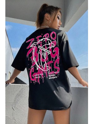 Kozz Style Kadın Siyah Bisiklet Yaka Games Baskılı Oversize T Shirt