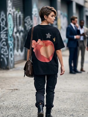 Kozz Style Kadın Apple1 Baskı Organik Pamuk Relaxed Fit Yuvarlak Yaka Tişört Siyah