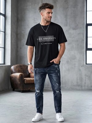 Kozz Style Siyah Node Losangeles Pamuk Dokulu Comfort Fit Bisiklet Yakalı Tişört