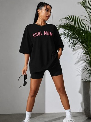 Kozz Style Cool Mom Baskı %100 Organik Pamuk Relaxed Fit Yuvarlak Yaka Tişört Siyah