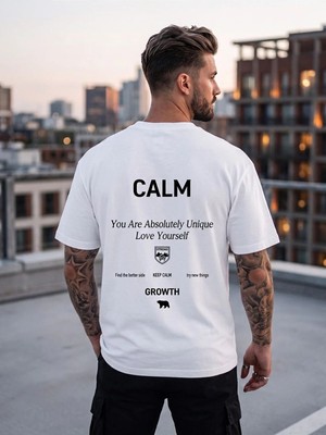 Kozz Style Erkek Beyaz Calm Growth Baskı Detay %100 Organik Pamuk Örme Oversize Tişört