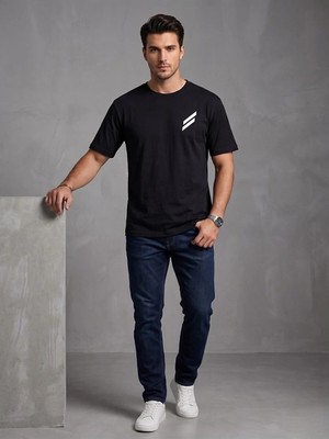 Kozz Style Erkek Siyah 2 Çizgi Baskı %100 Organik Pamuk Comfort Fit Tişört