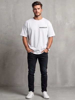 Kozz Style Erkek Beyaz Minimalist Baskı Detay %100 Organik Pamuk Örme Oversize Tişört