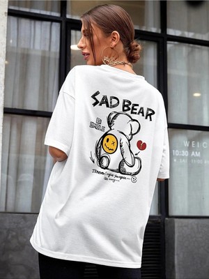 Kozz Style Kadın Beyaz Oversize Bear Sırt Baskılı Tişört