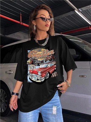 Kozz Style Kadın Siyah Compeltition Baskı Oversize Tişört