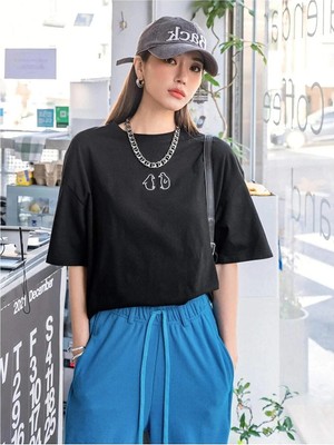Kozz Style Kadın Siyah Penguen Baskılı Oversize Tişört