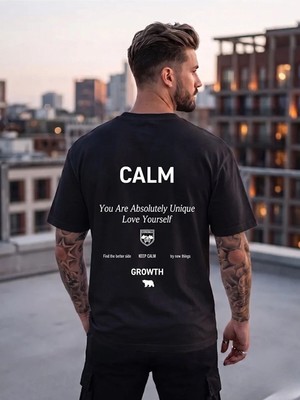 Kozz Style Erkek Siyah Calm Growth Baskı Detay %100 Organik Pamuk Örme Oversize Tişört