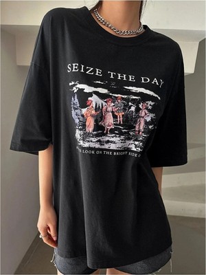 Kozz Style Kadın Siyah Seize The Day Baskılı Oversize Tişört