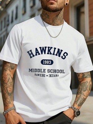 Kozz Style Erkek Beyaz Hawkins Baskı Detay %100 Organik Pamuk Örme Oversize Tişört