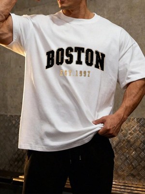 Kozz Style Erkek Beyaz Boston 1997 Baskı Detay %100 Organik Pamuk Örme Oversize Tişört
