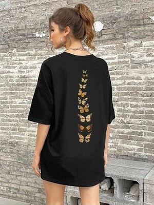 Kozz Style Kadın Siyah Dikey Kelebekler Baskılı Comfort Fit Tişört
